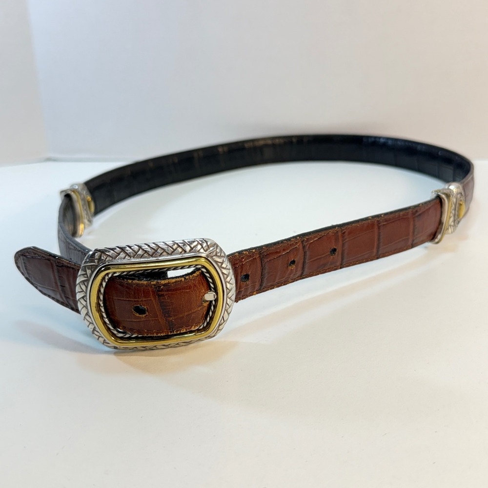 Brighton Reversible Belt Womens 32 Brown Black Croc Embossed Silver Gold Tone
